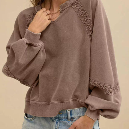 Lace Detail Notched Long Sleeve Sweatshirt