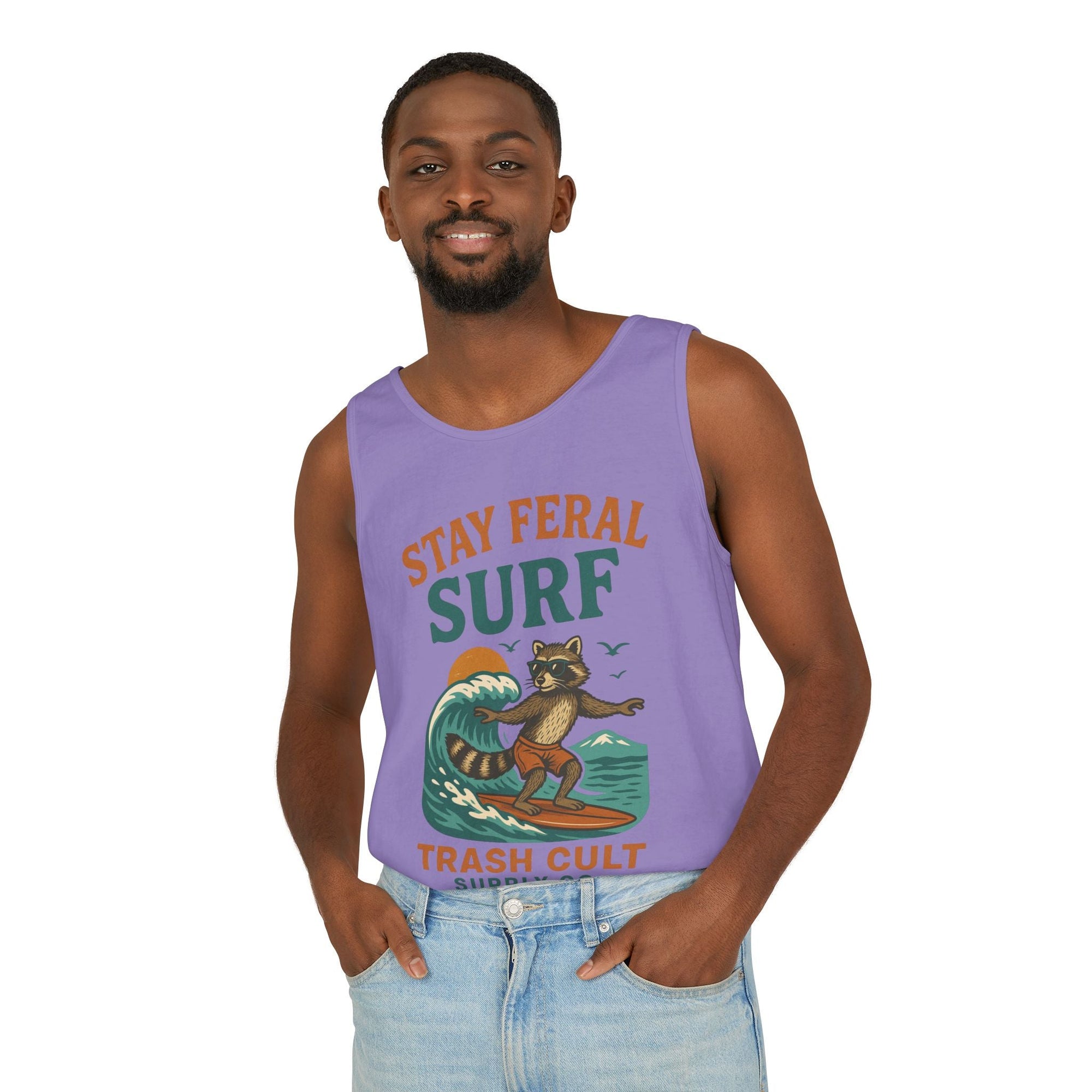 Stay Feral Surf Tank Top – Retro Raccoon Beach Tank – Trash Cult Supply Co – Comfort Colors 9360