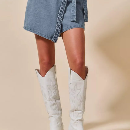 SO ME Wrap Braided Trimmed Denim Skort
