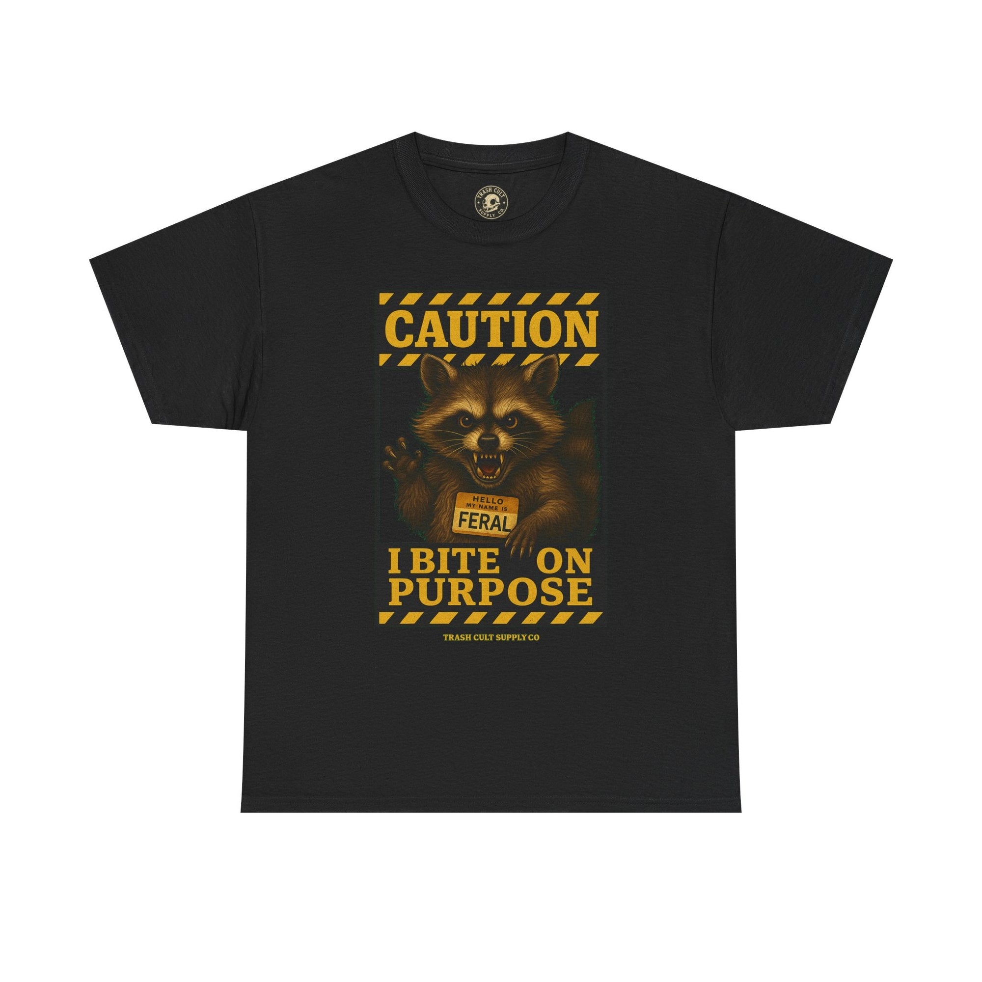 I Bite On Purpose Raccoon Warning T-Shirt – Caution Sign Style | Trash Cult Supply Co | Gildan 5000