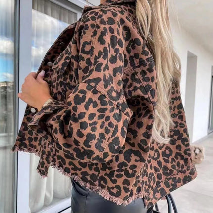 Leopard Print Raw Hem Denim Jacket