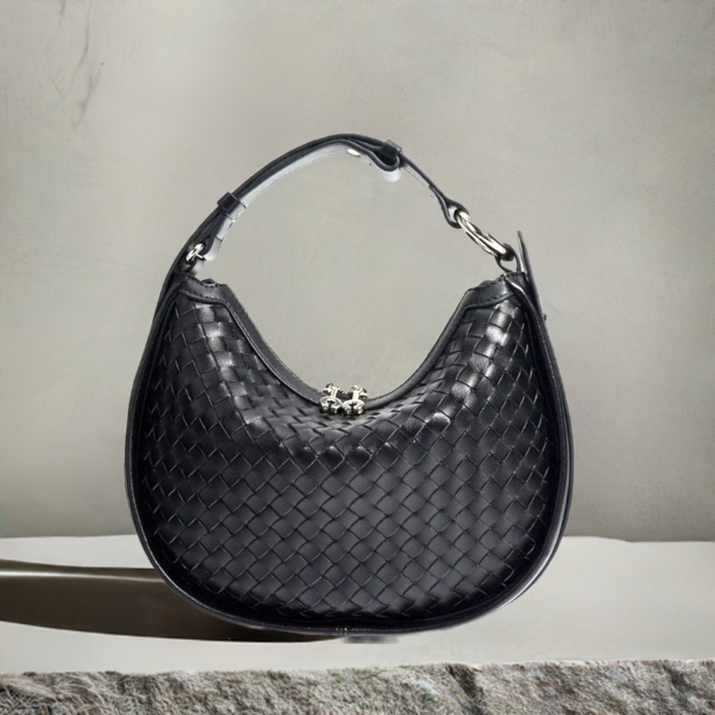 AMARA WOVEN LEATHER HALF MOON HANDBAG