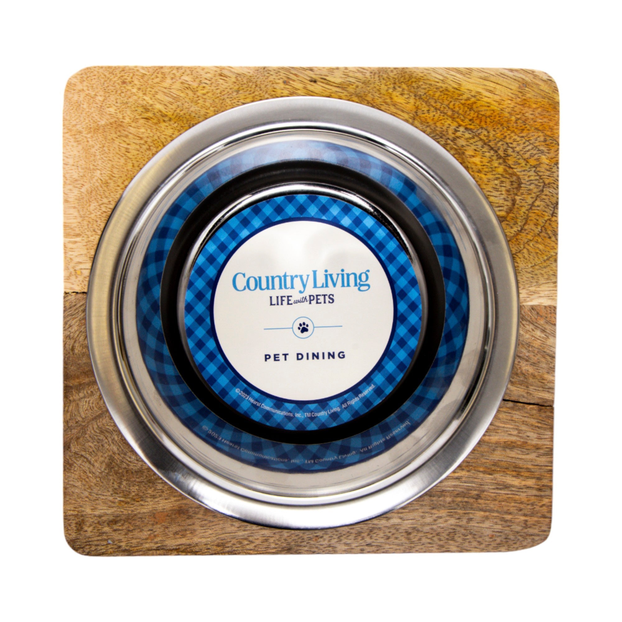 Country Living Elegant Stainless Steel Dog Bowl with Square Mango Wood Holder – 1 Quart