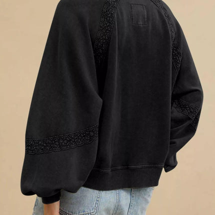 Lace Detail Notched Long Sleeve Sweatshirt