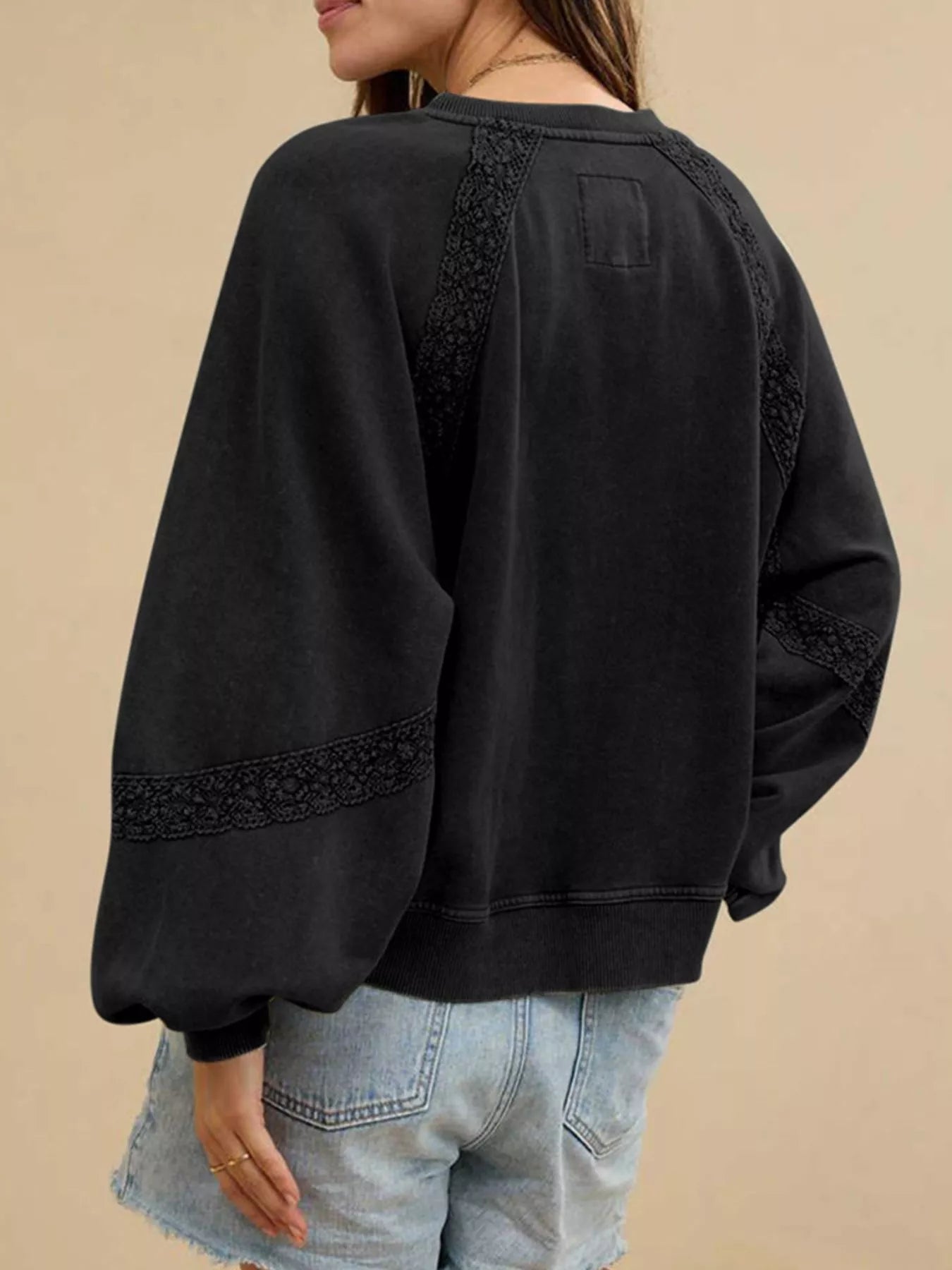 Lace Detail Notched Long Sleeve Sweatshirt