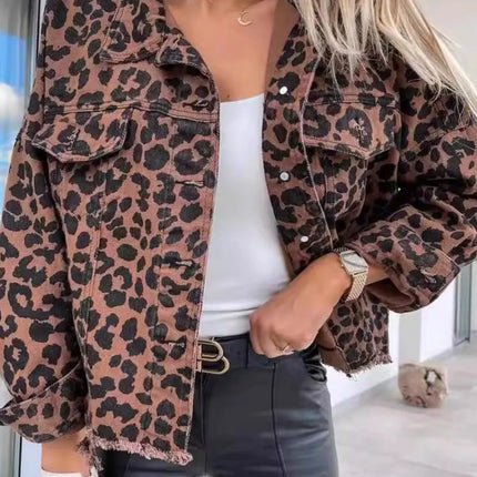 Leopard Print Raw Hem Denim Jacket
