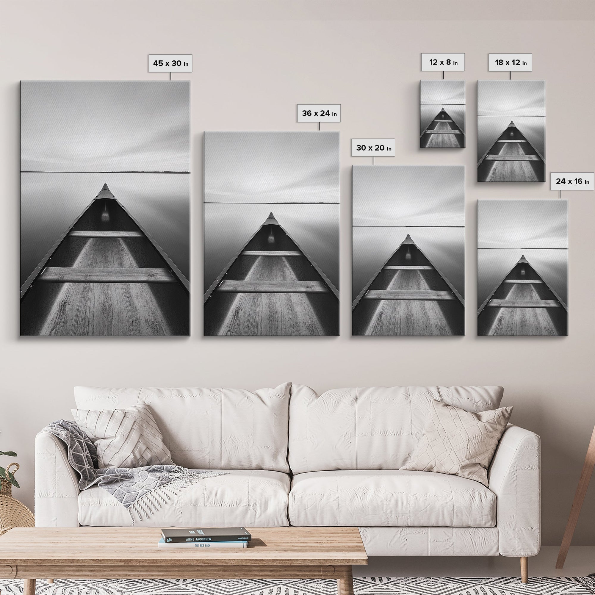 Canoe, Lake, Calm, Horizon - Minimalist lake paddle scene, Framed Canvas Print, peaceful home office art, Scandinavian decor, wilderness print