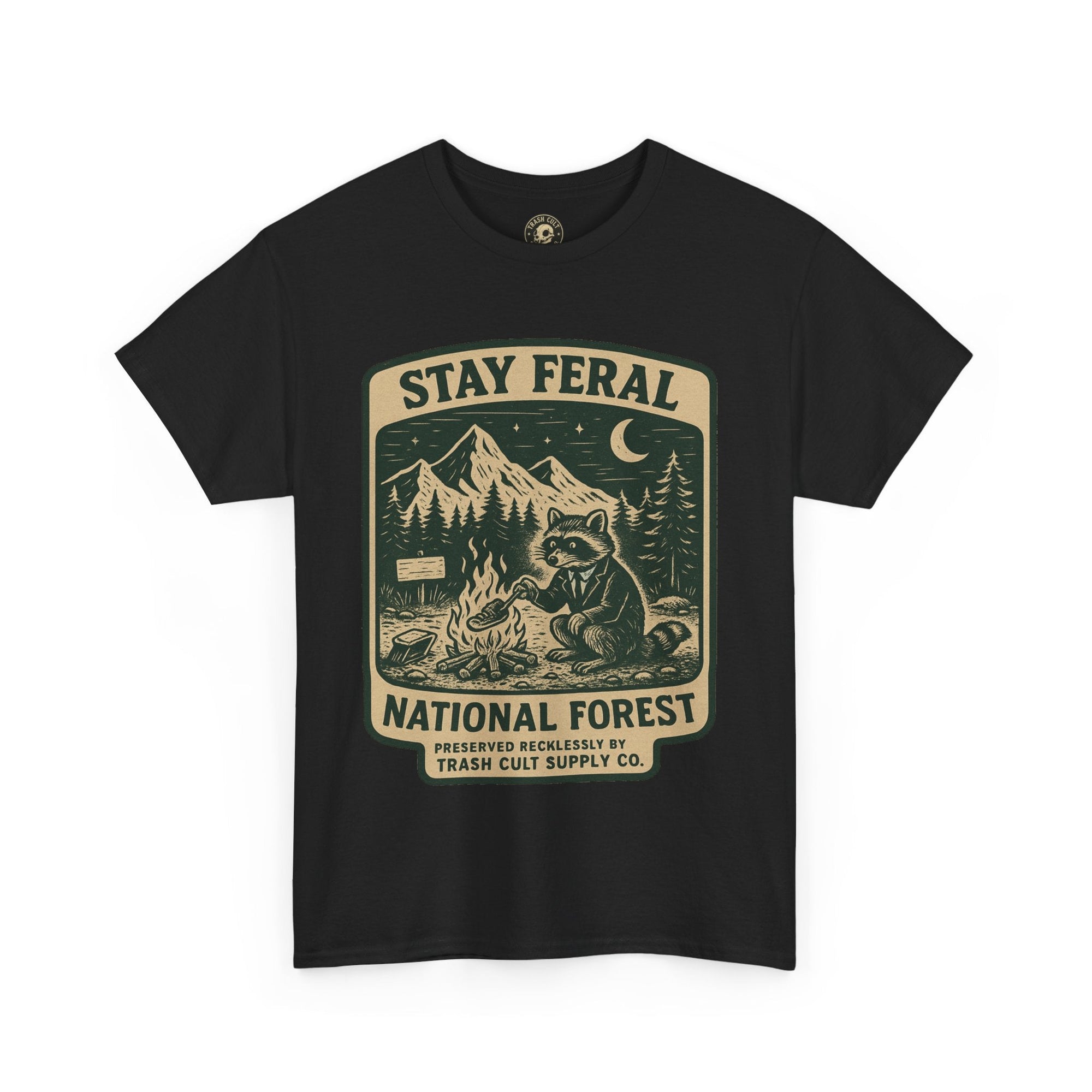 Stay Feral National Forest Shirt – Vintage Raccoon Camping Tee – Trash Cult Supply Co – Gildan 5000
