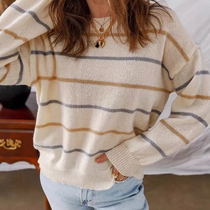 Striped Round Neck Drop Shoulder Sweater