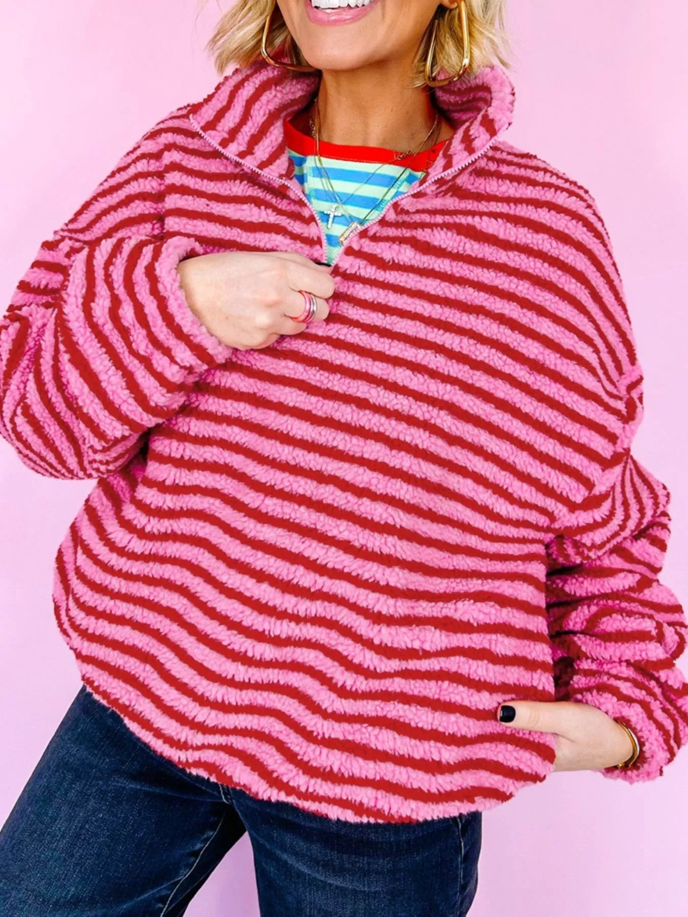 Striped Quarter-Zip Fleece Sweatshirt
