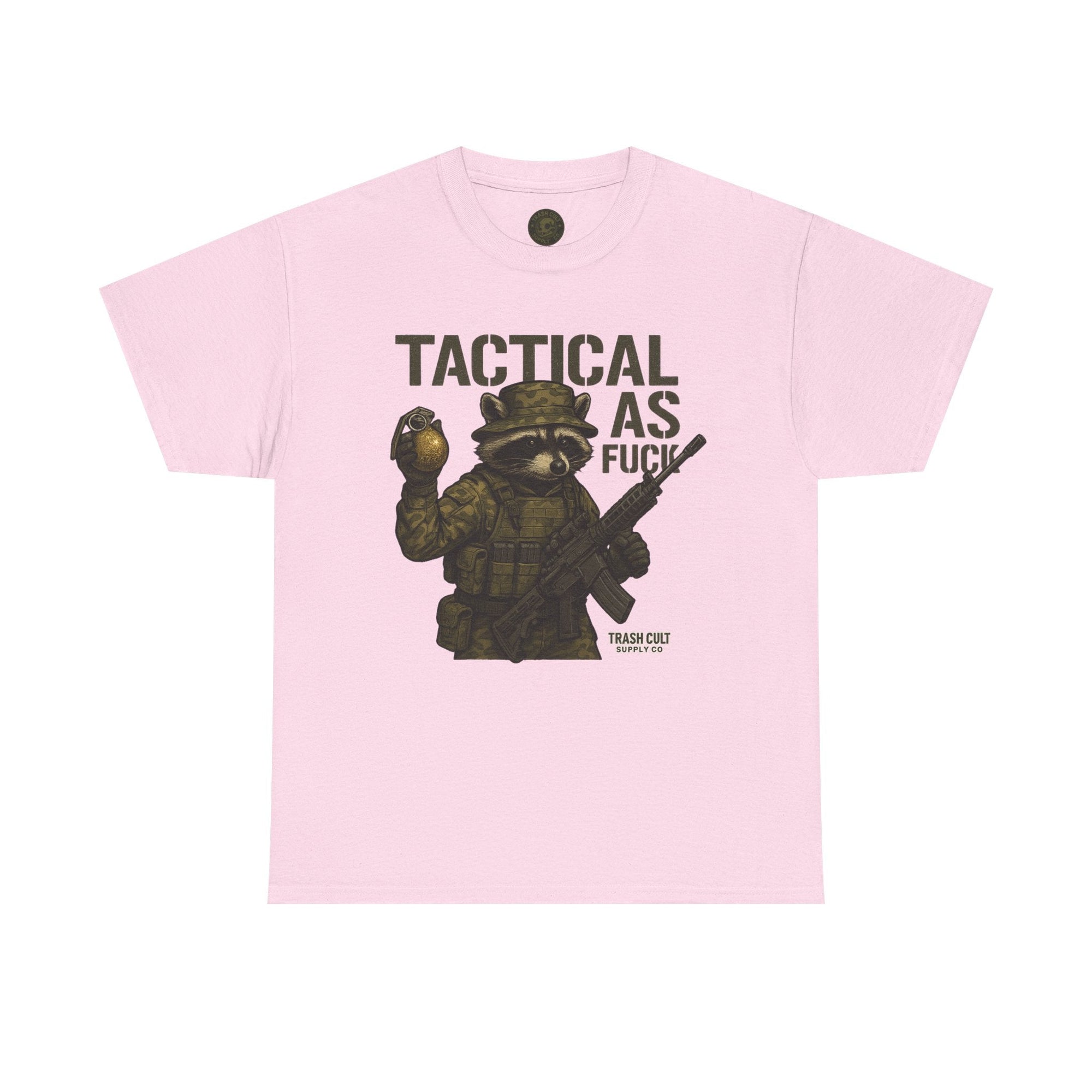 Tactical As F*** T-Shirt – Armed Raccoon Military Humor Tee | Trash Cult Supply Co. | Gildan 5000 Heavy Cotton