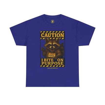 I Bite On Purpose Raccoon Warning T-Shirt – Caution Sign Style | Trash Cult Supply Co | Gildan 5000