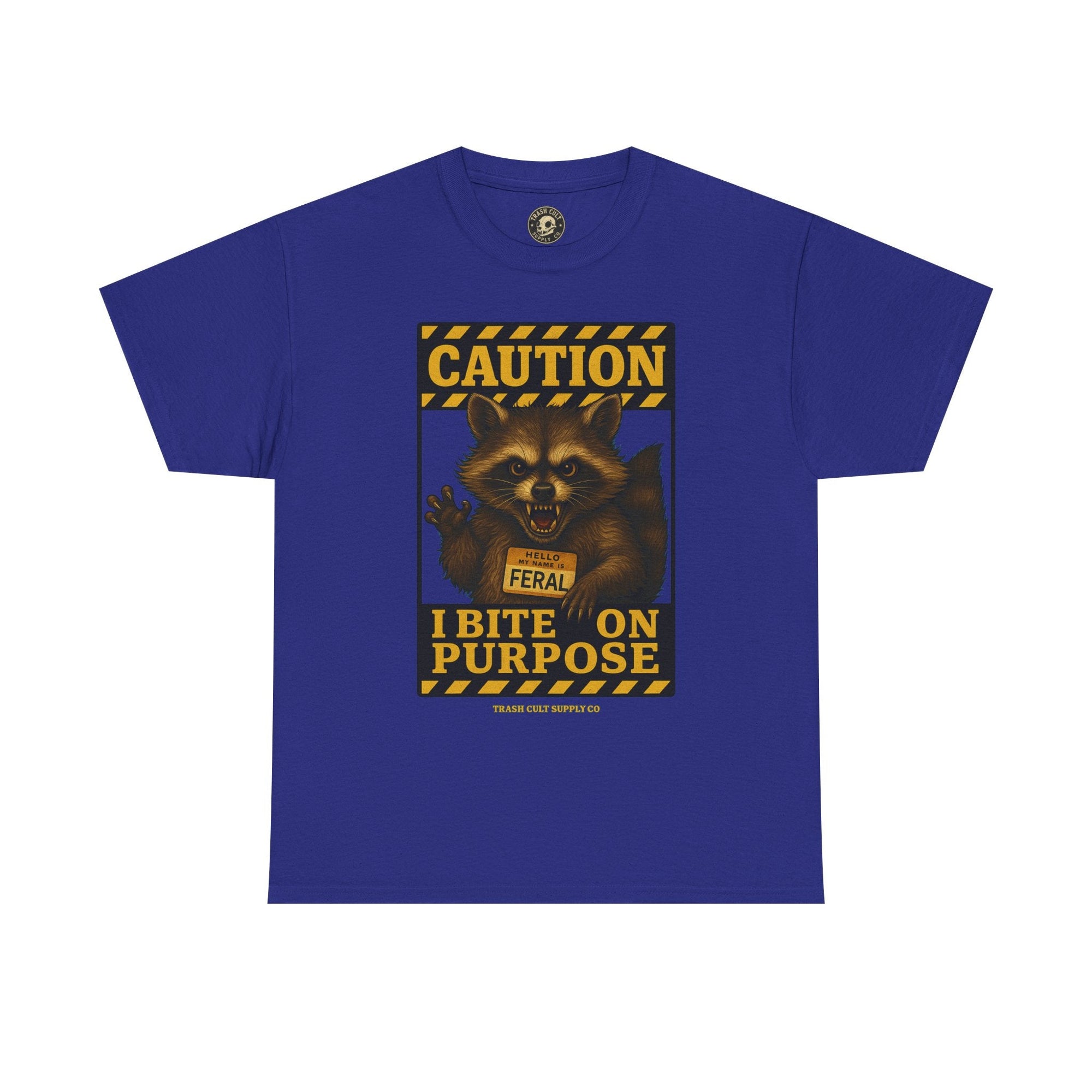 I Bite On Purpose Raccoon Warning T-Shirt – Caution Sign Style | Trash Cult Supply Co | Gildan 5000