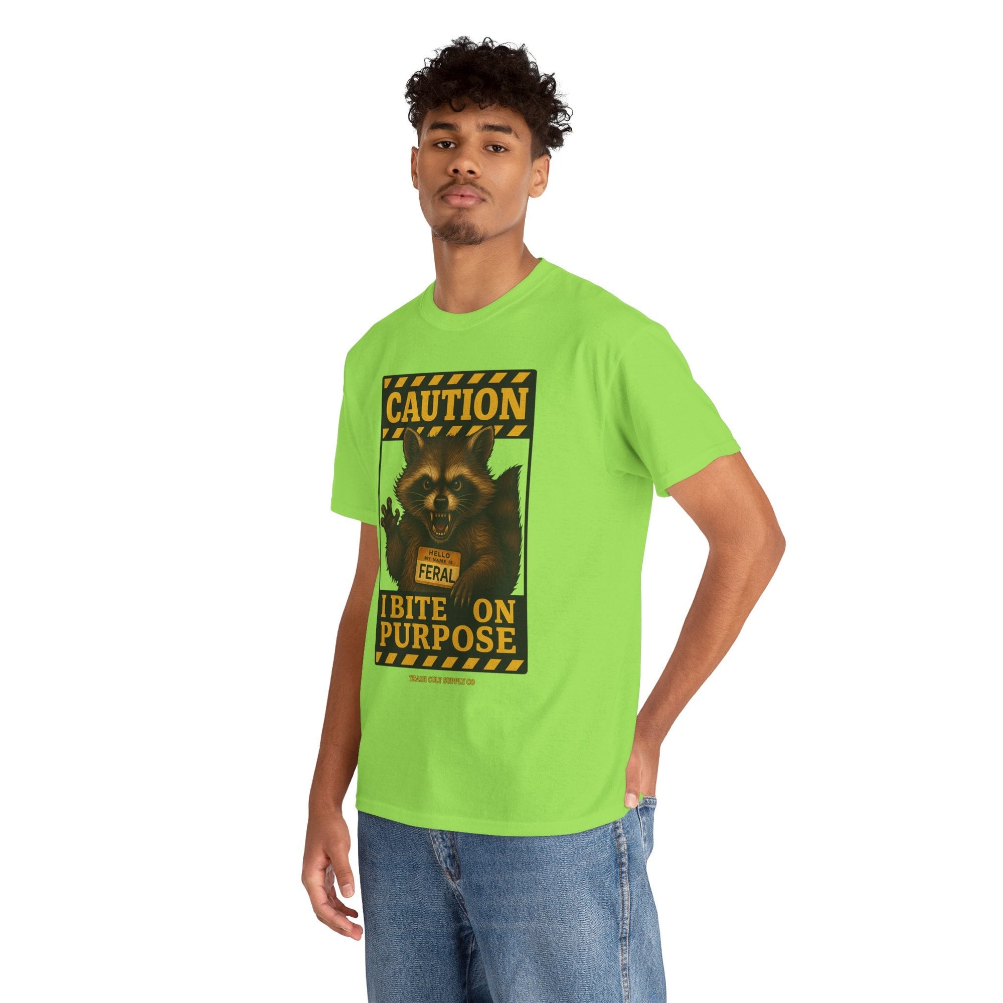 I Bite On Purpose Raccoon Warning T-Shirt – Caution Sign Style | Trash Cult Supply Co | Gildan 5000