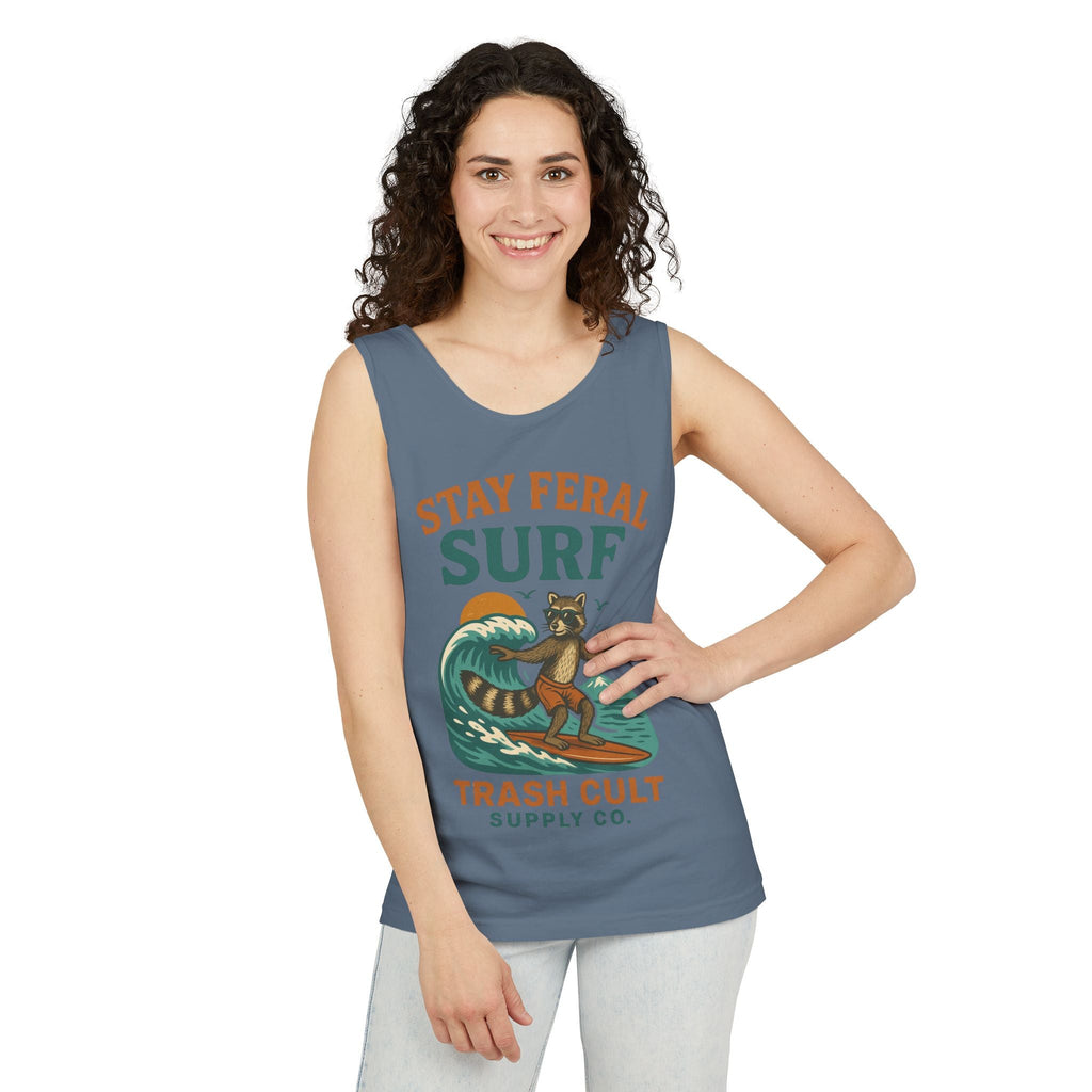 Stay Feral Surf Tank Top – Retro Raccoon Beach Tank – Trash Cult Supply Co – Comfort Colors 9360