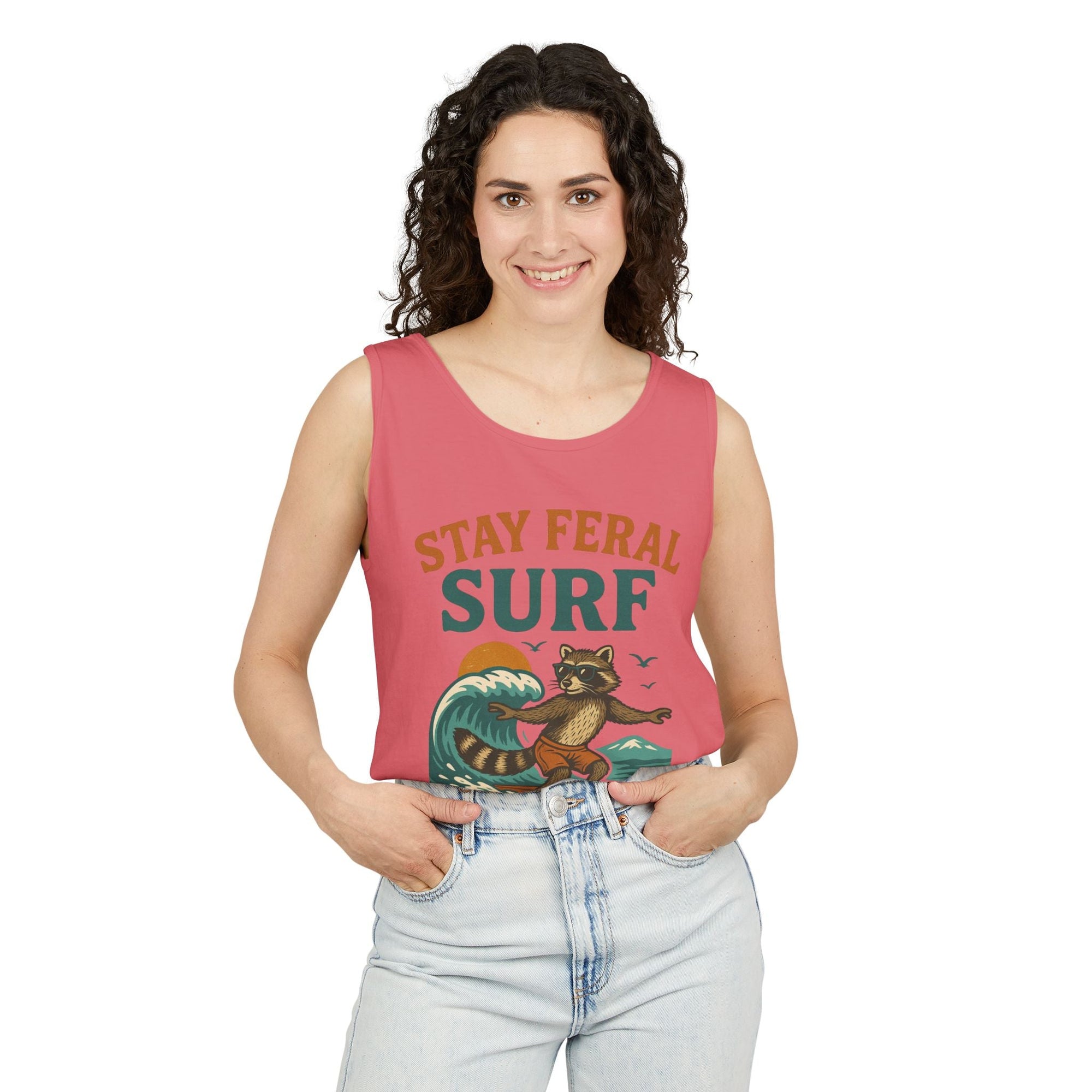 Stay Feral Surf Tank Top – Retro Raccoon Beach Tank – Trash Cult Supply Co – Comfort Colors 9360