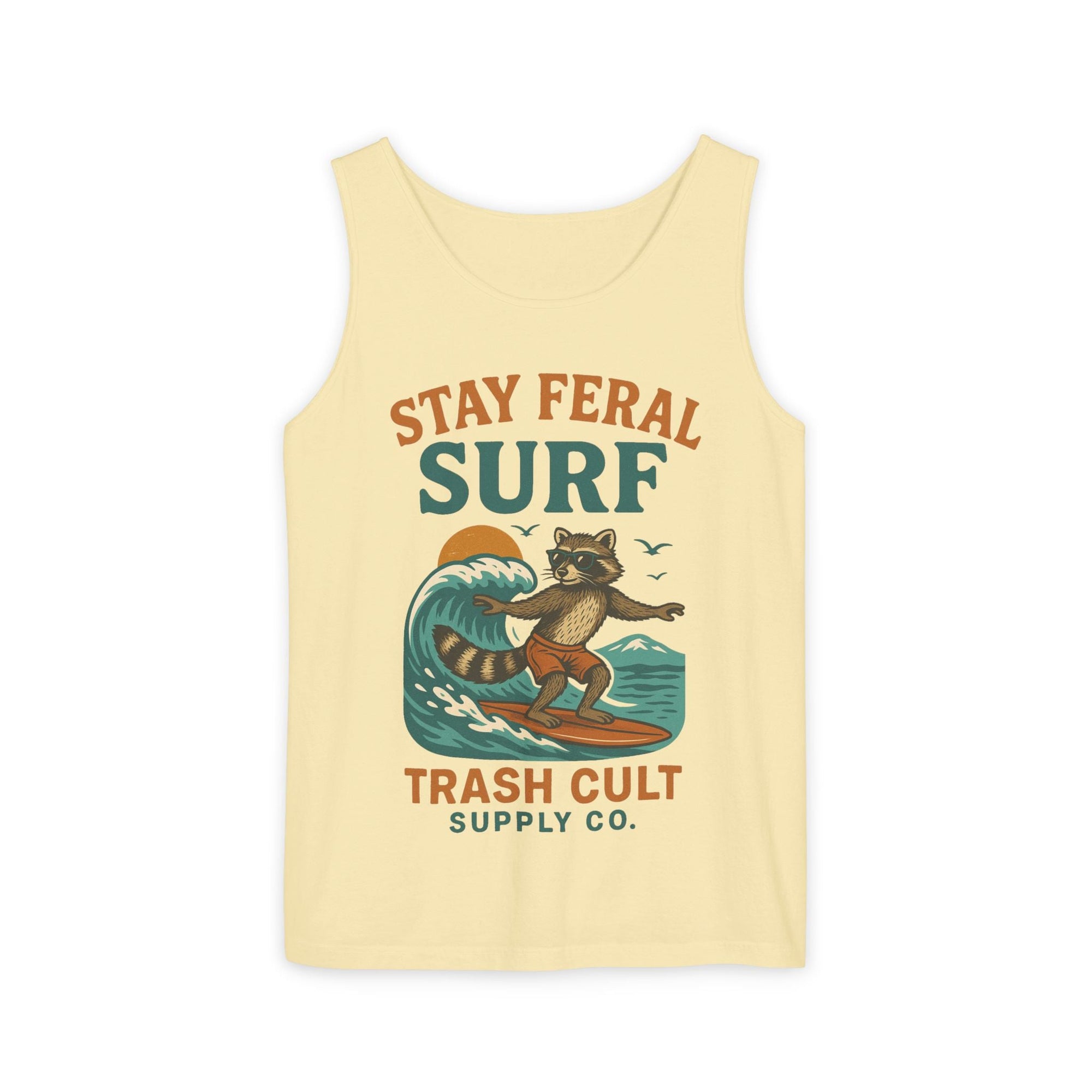 Stay Feral Surf Tank Top – Retro Raccoon Beach Tank – Trash Cult Supply Co – Comfort Colors 9360