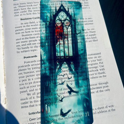 Gothic cathedral and ravens bookmark with stained glass and misty skies | dark fantasy gothic art