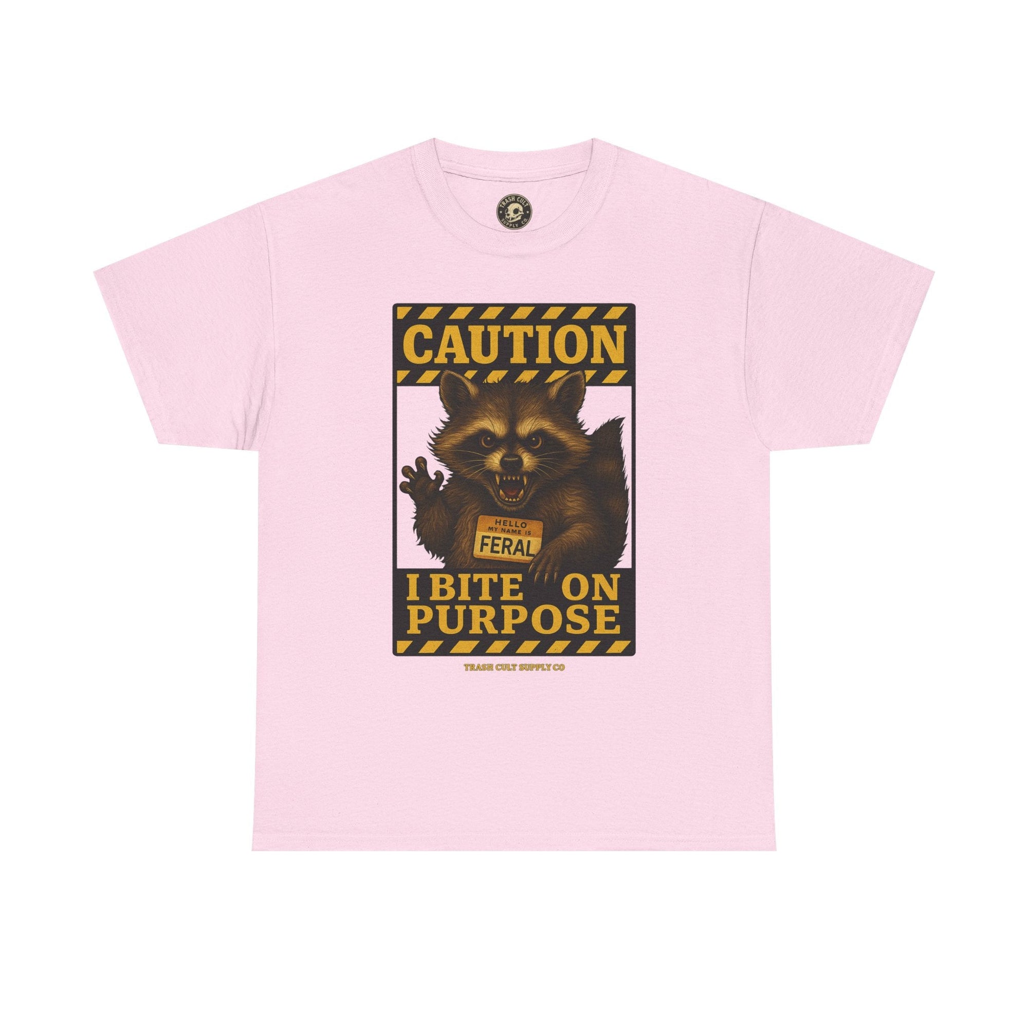 I Bite On Purpose Raccoon Warning T-Shirt – Caution Sign Style | Trash Cult Supply Co | Gildan 5000