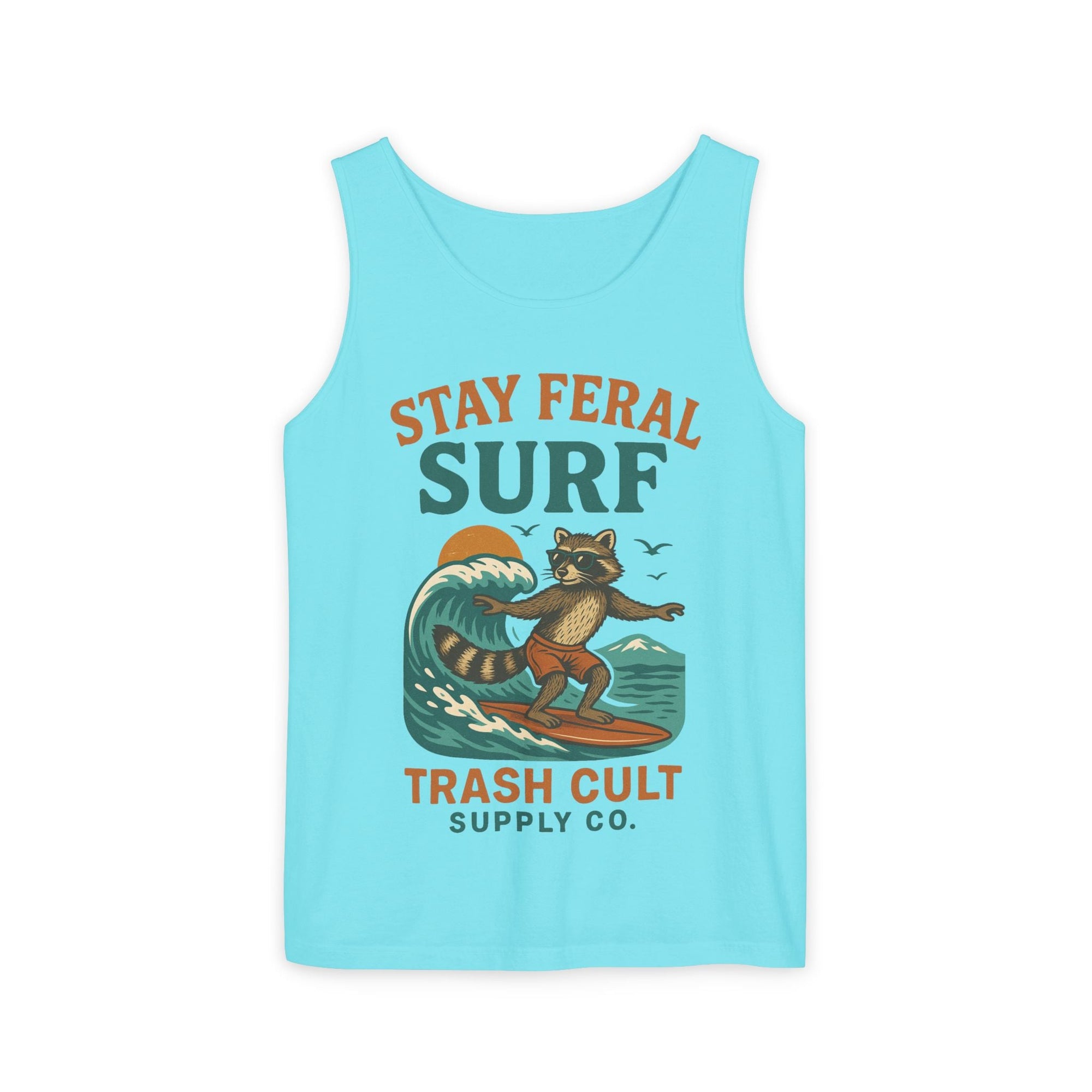 Stay Feral Surf Tank Top – Retro Raccoon Beach Tank – Trash Cult Supply Co – Comfort Colors 9360