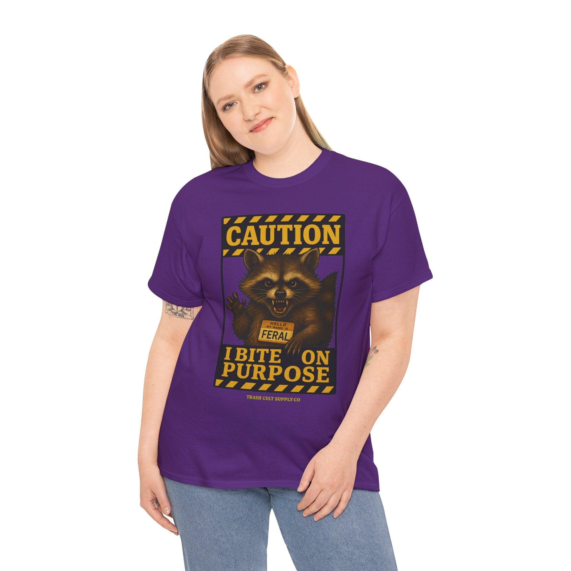 I Bite On Purpose Raccoon Warning T-Shirt – Caution Sign Style | Trash Cult Supply Co | Gildan 5000