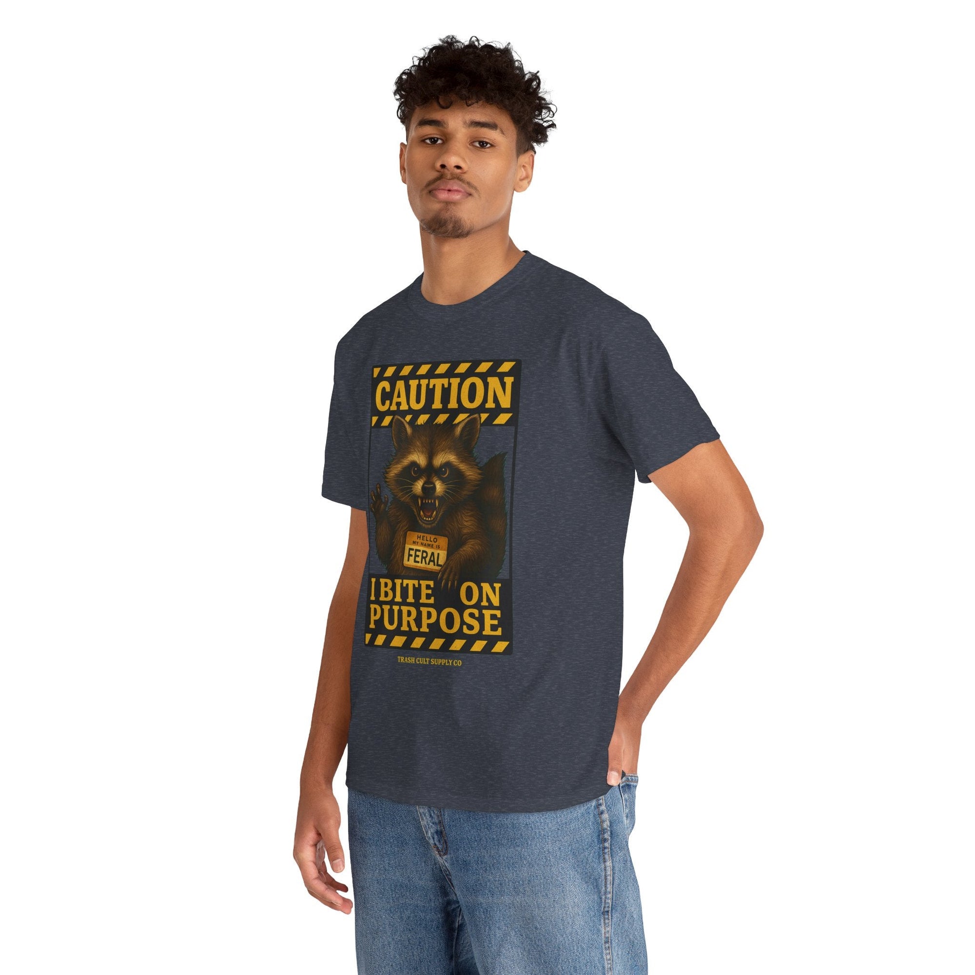 I Bite On Purpose Raccoon Warning T-Shirt – Caution Sign Style | Trash Cult Supply Co | Gildan 5000