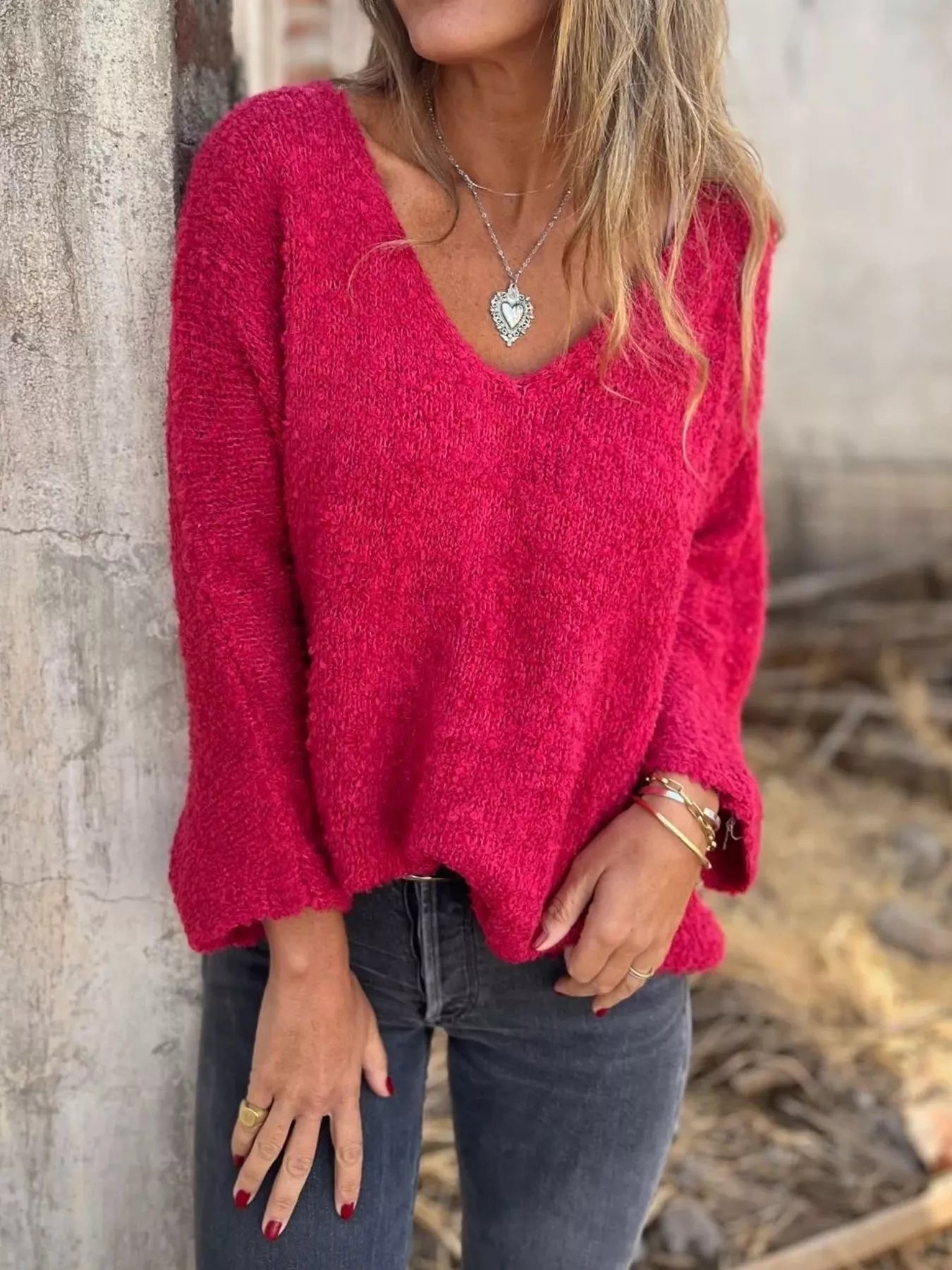 Full Size V-Neck Long Sleeve Sweater Plus Size
