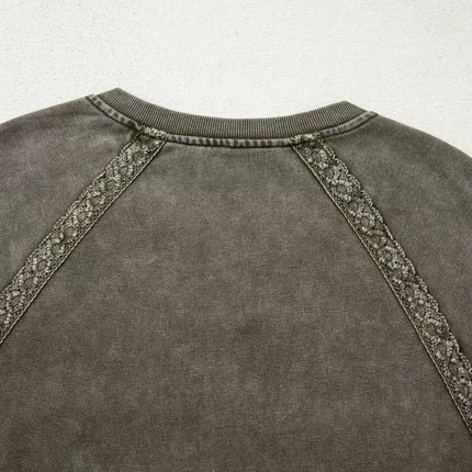 Lace Patchwork Detail Notched Mineral Wash Sweatshirt