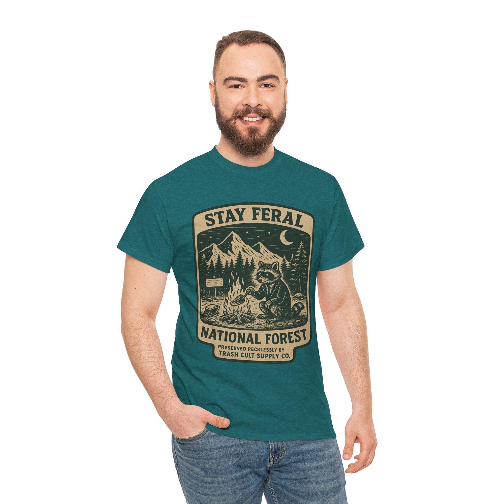Stay Feral National Forest Shirt – Vintage Raccoon Camping Tee – Trash Cult Supply Co – Gildan 5000
