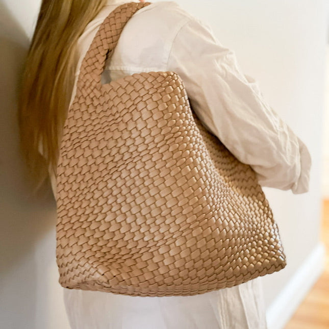 The Willow | Large Woven Vegan Leather Tote - Khaki