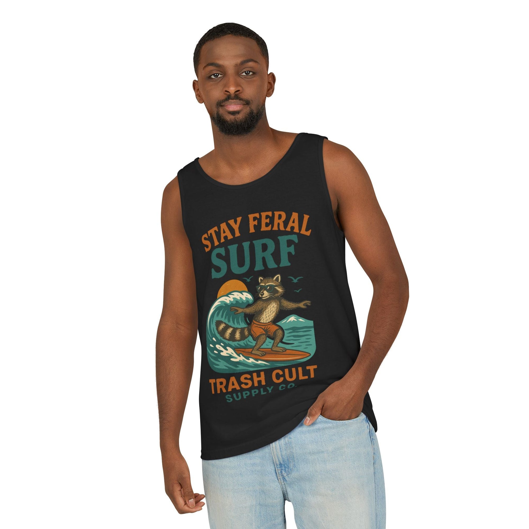 Stay Feral Surf Tank Top – Retro Raccoon Beach Tank – Trash Cult Supply Co – Comfort Colors 9360