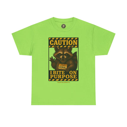 I Bite On Purpose Raccoon Warning T-Shirt – Caution Sign Style | Trash Cult Supply Co | Gildan 5000