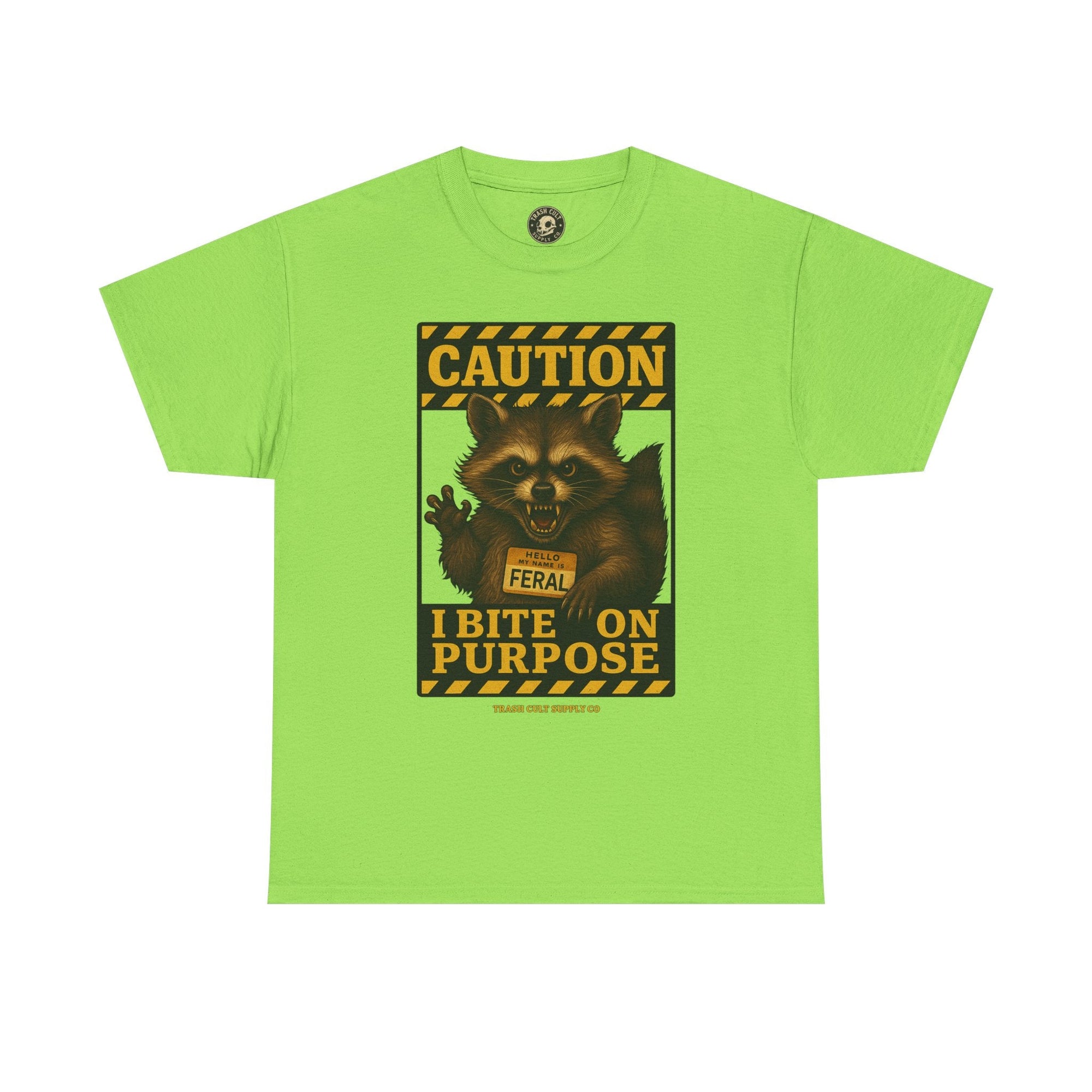 I Bite On Purpose Raccoon Warning T-Shirt – Caution Sign Style | Trash Cult Supply Co | Gildan 5000