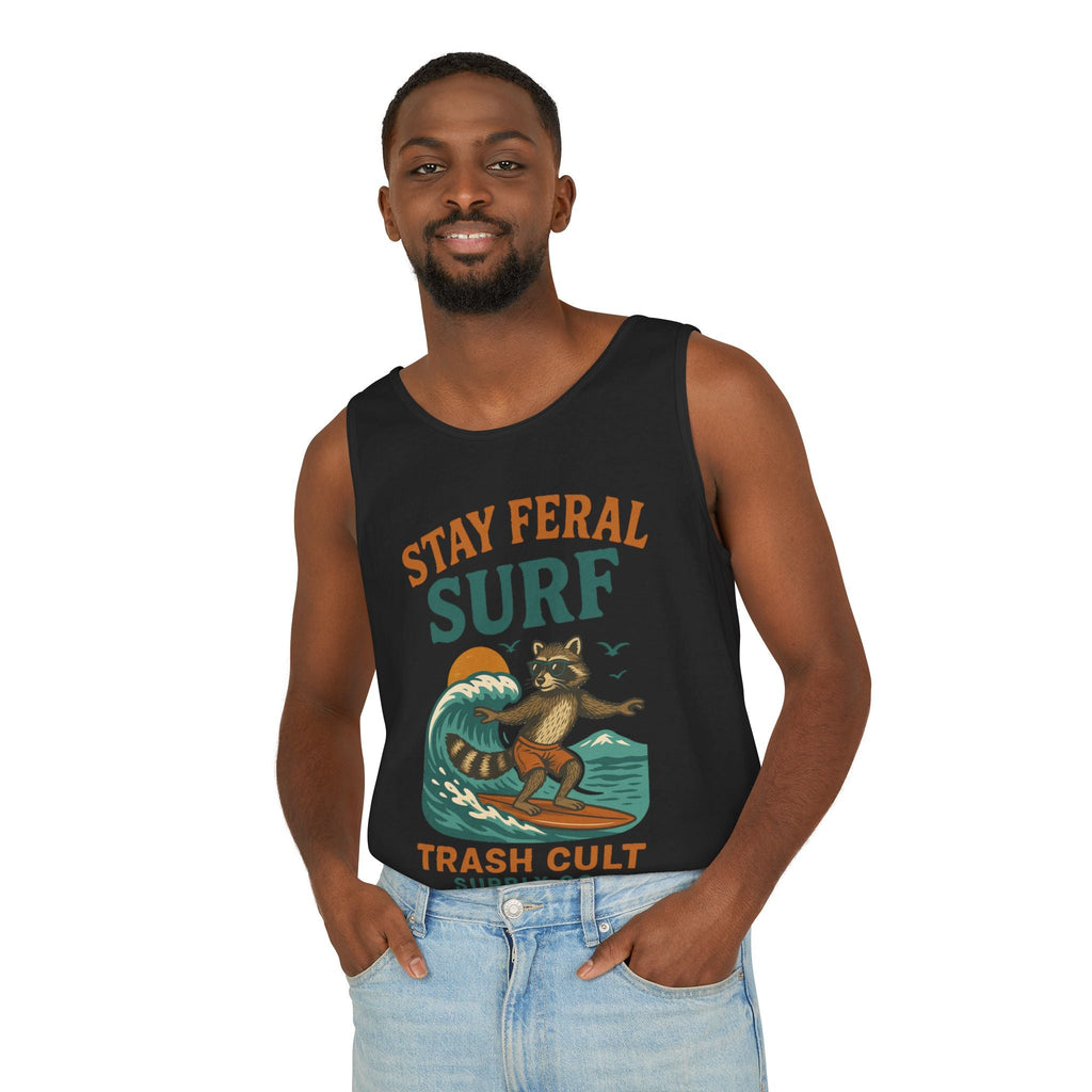 Stay Feral Surf Tank Top – Retro Raccoon Beach Tank – Trash Cult Supply Co – Comfort Colors 9360