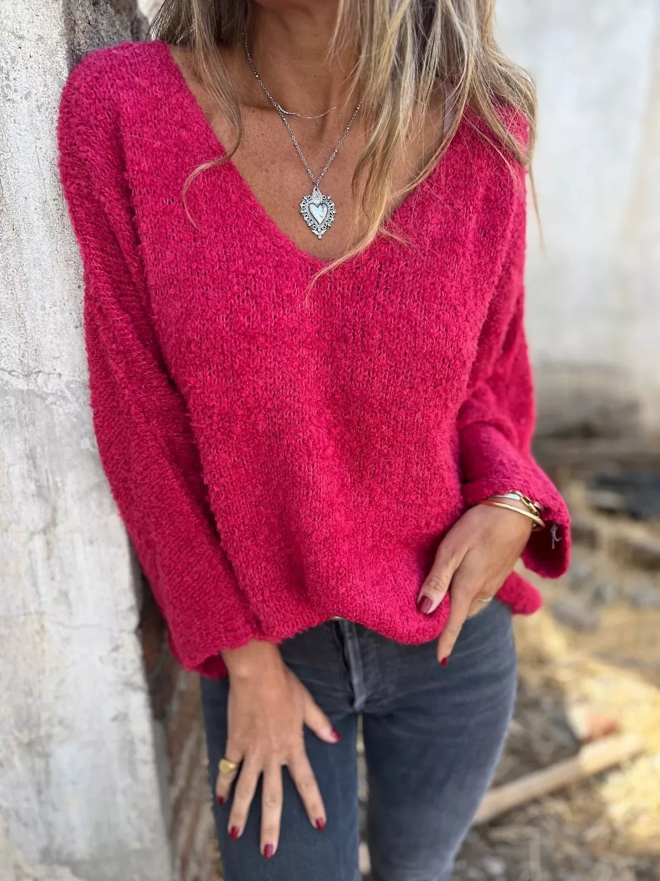 Full Size V-Neck Long Sleeve Sweater Plus Size
