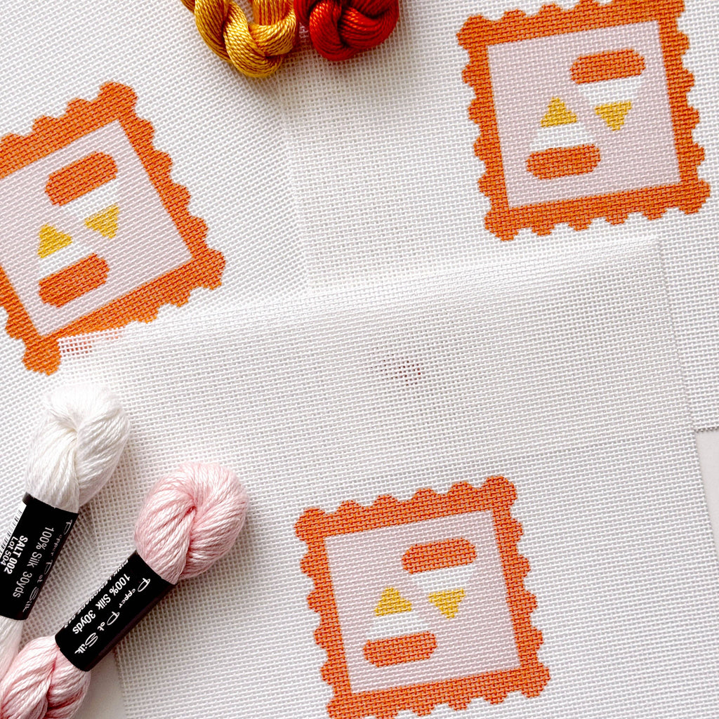 Cotswold Co Designs - Candy Corn Stamp Needlepoint Canvas – 18 Mesh Zweigart Mono Deluxe, 2.7" Hand Painted Fall Halloween Mini