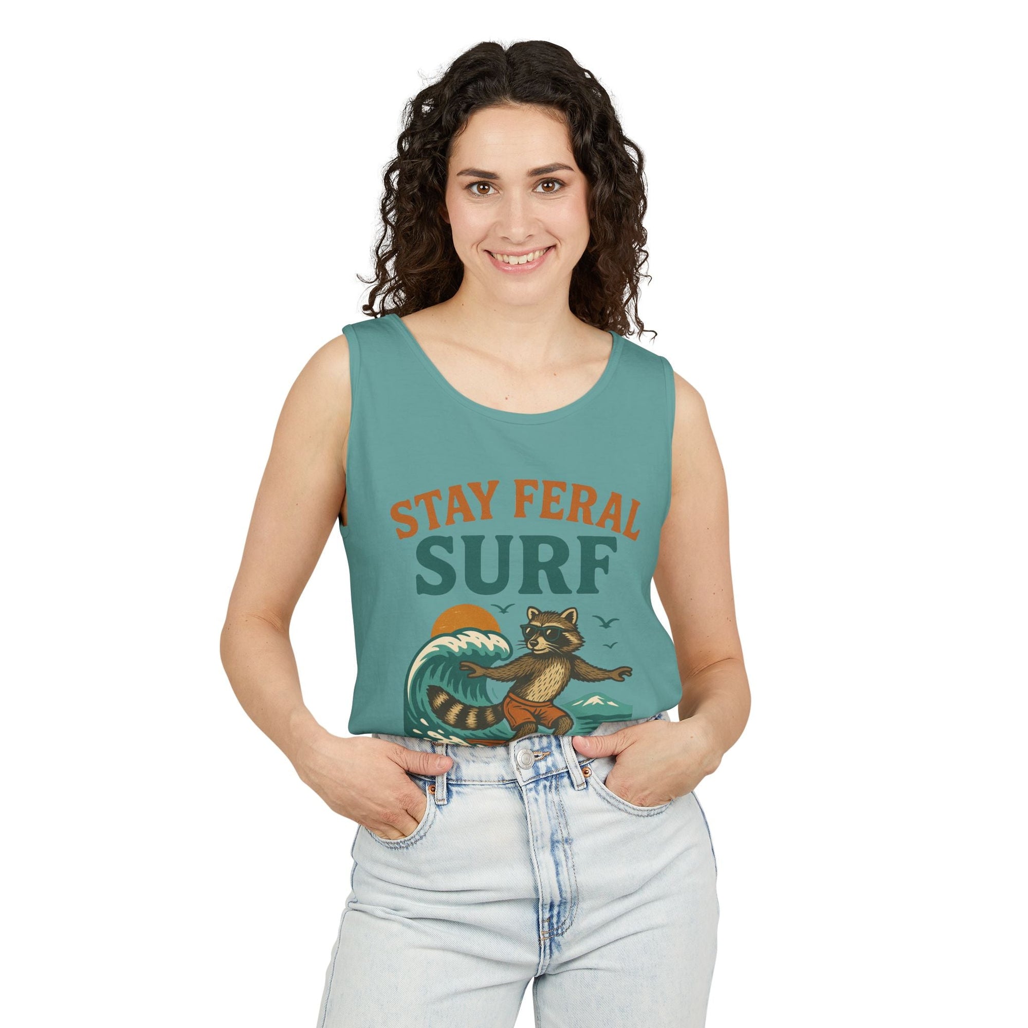 Stay Feral Surf Tank Top – Retro Raccoon Beach Tank – Trash Cult Supply Co – Comfort Colors 9360