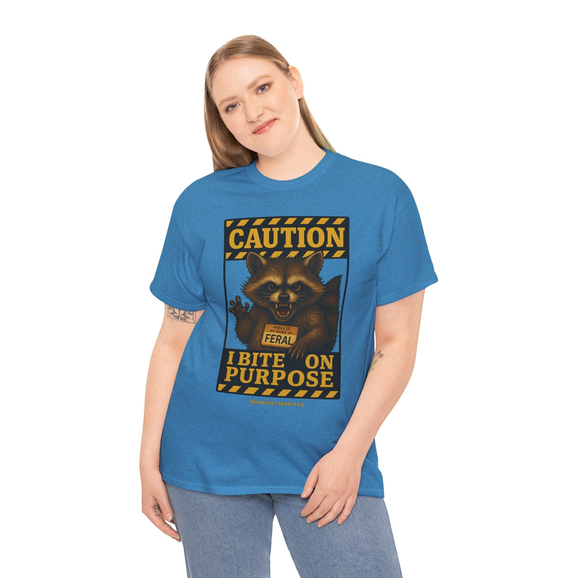 I Bite On Purpose Raccoon Warning T-Shirt – Caution Sign Style | Trash Cult Supply Co | Gildan 5000