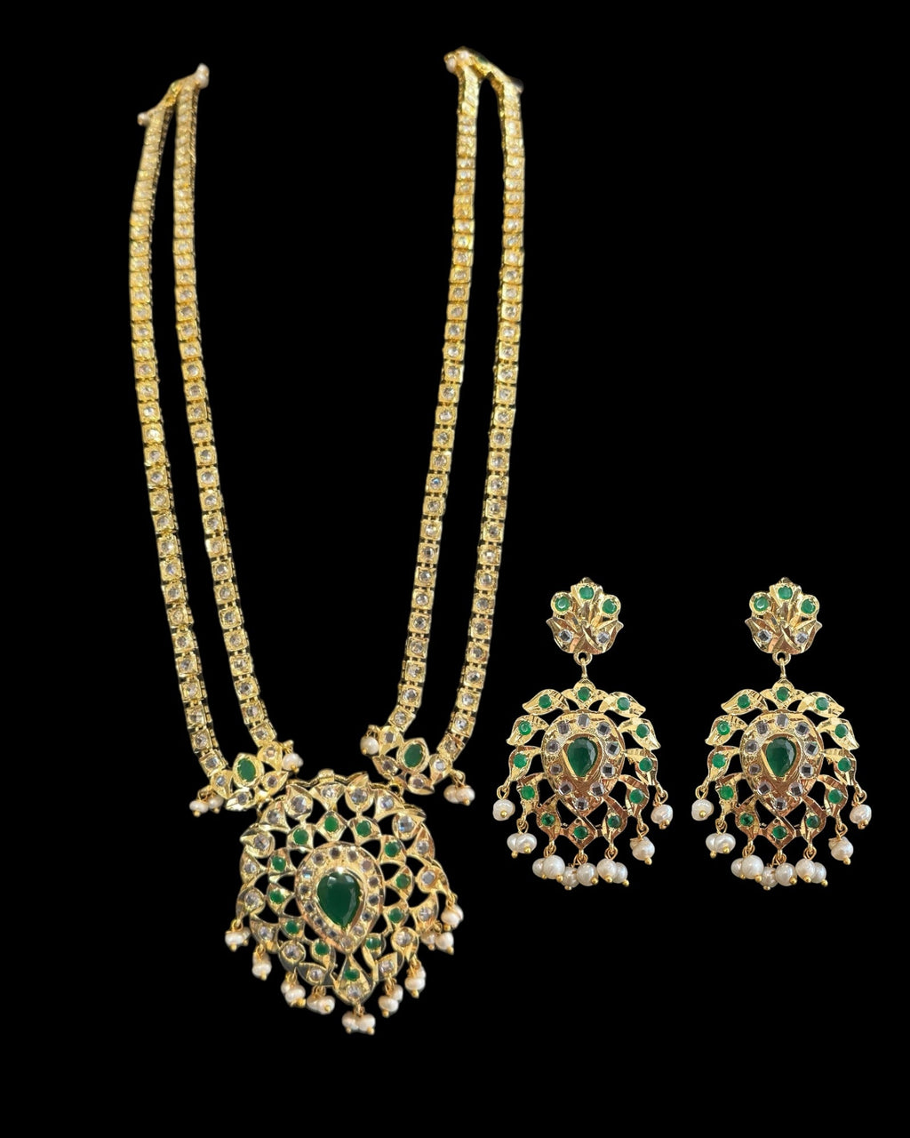 DLN130 Alvira Polki Rani haar with earrings in green ( SHIPS IN 3 WEEKS  )