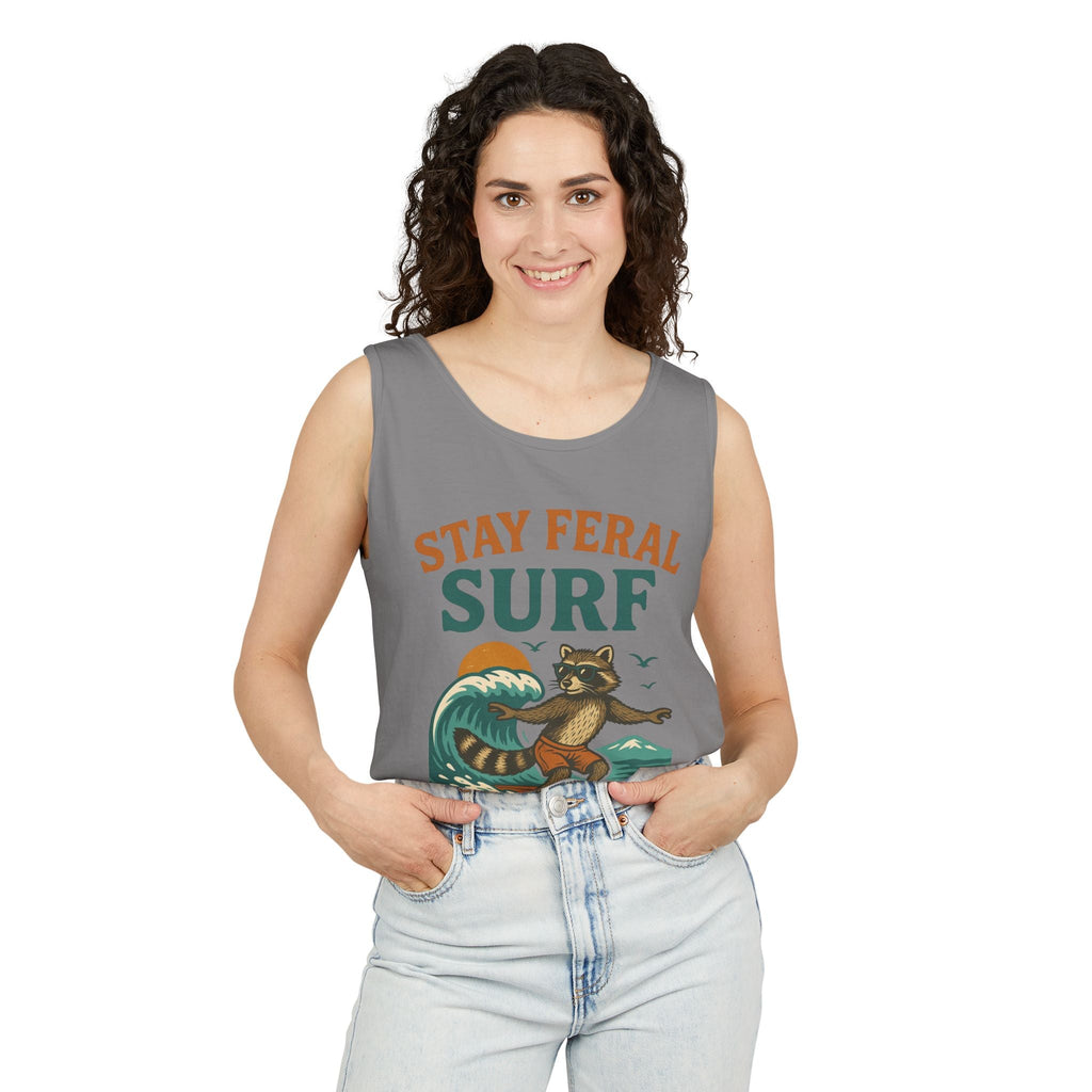 Stay Feral Surf Tank Top – Retro Raccoon Beach Tank – Trash Cult Supply Co – Comfort Colors 9360