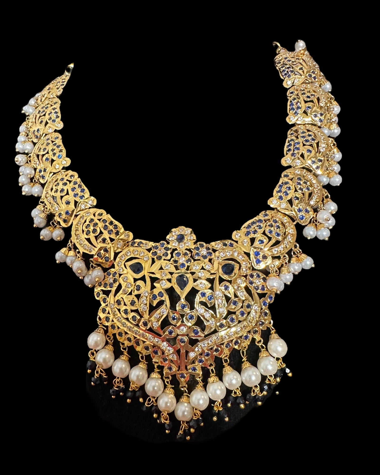 DNS204 Neeli jadau necklace with earrings tika in sapphire zircon(READY TO SHIP  )