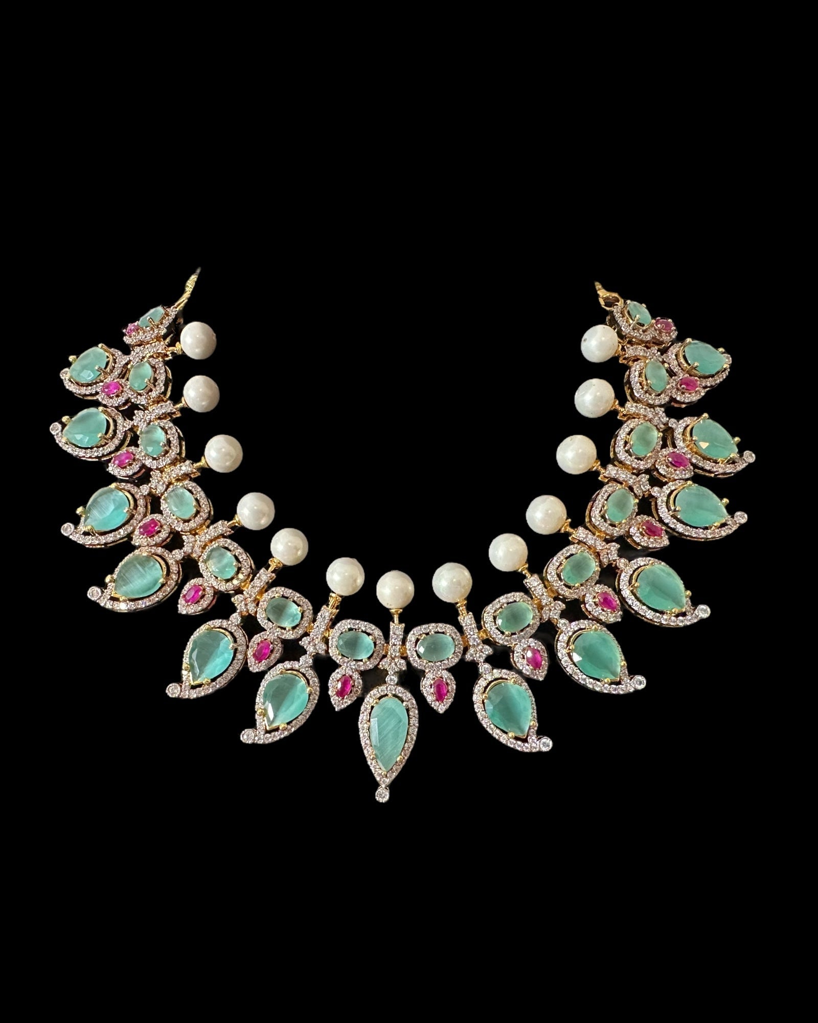 BR461  Anmol necklace set in Mint , rubies and pearls ( SHIPS IN 5 WEEKS)