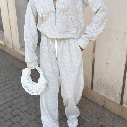 Zip Up Drawstring Hoodie and Pants Set