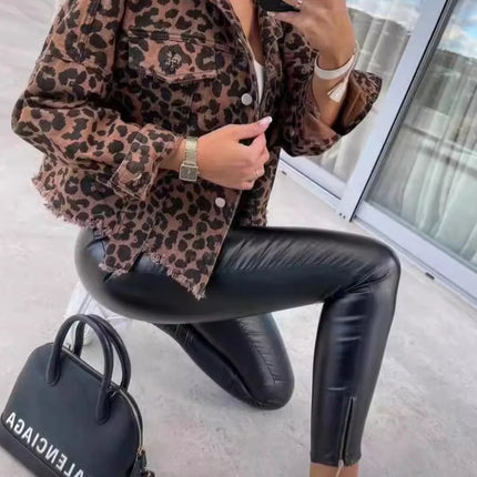Leopard Print Raw Hem Denim Jacket