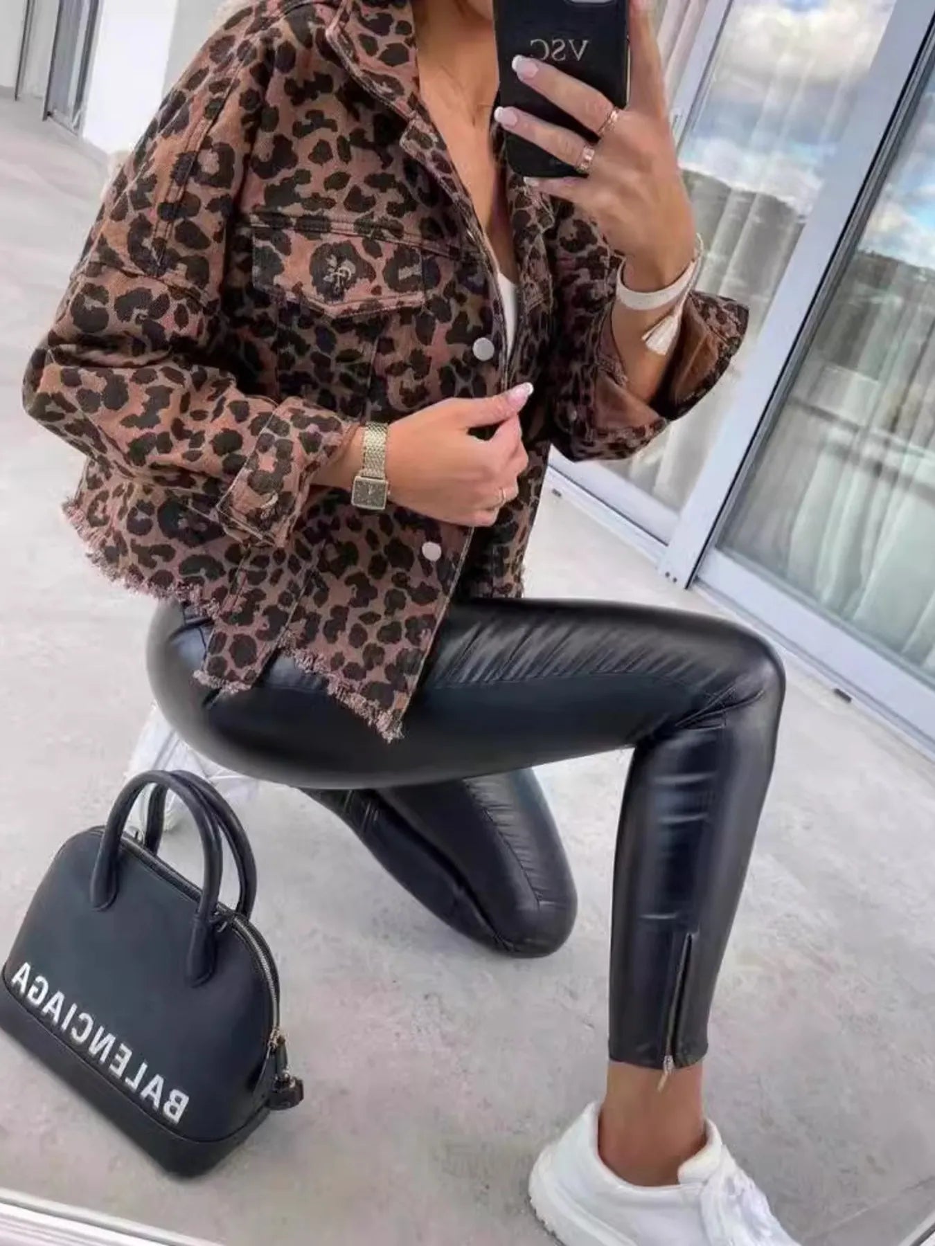 Leopard Print Raw Hem Denim Jacket