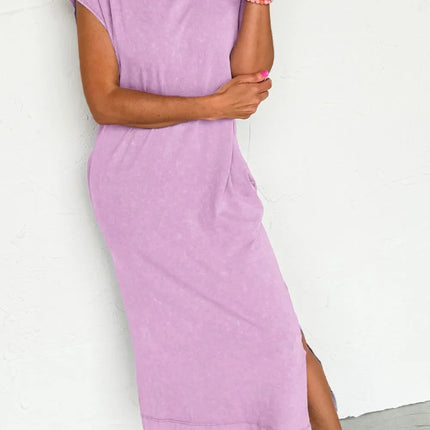 Side Split Round Neck Cap Sleeve T-Shirt Dress