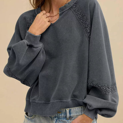 Lace Detail Notched Long Sleeve Sweatshirt