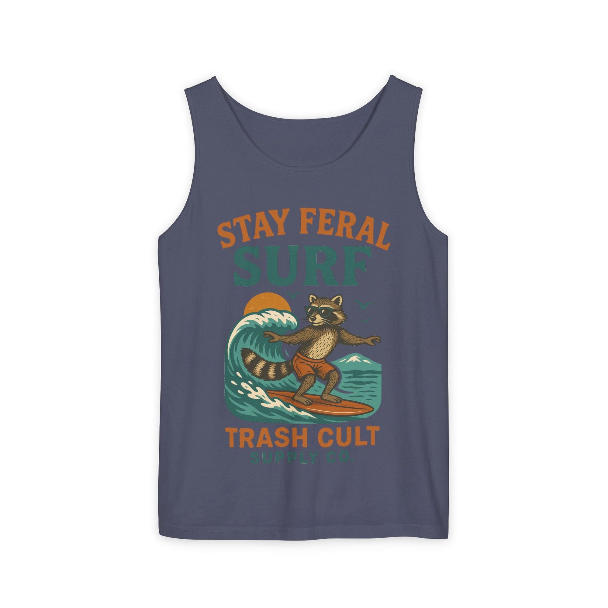 Stay Feral Surf Tank Top – Retro Raccoon Beach Tank – Trash Cult Supply Co – Comfort Colors 9360