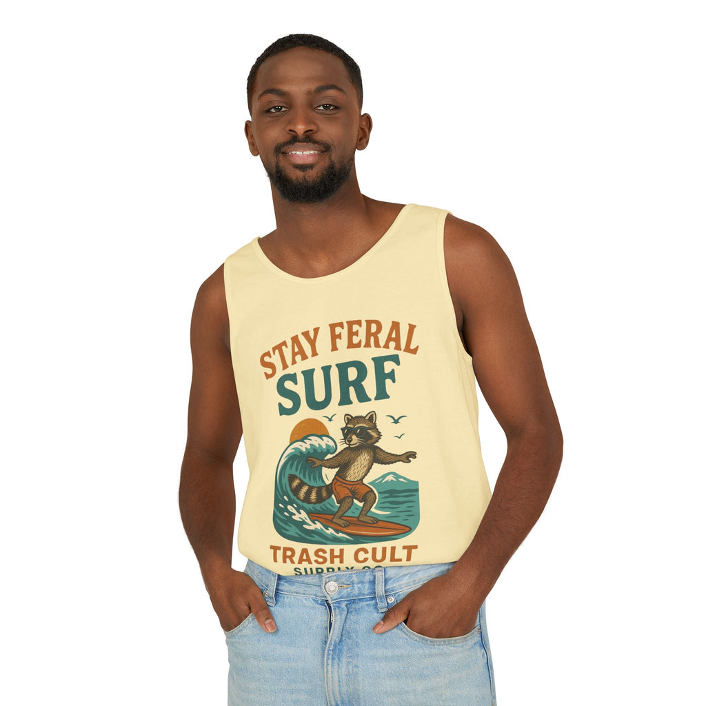 Stay Feral Surf Tank Top – Retro Raccoon Beach Tank – Trash Cult Supply Co – Comfort Colors 9360