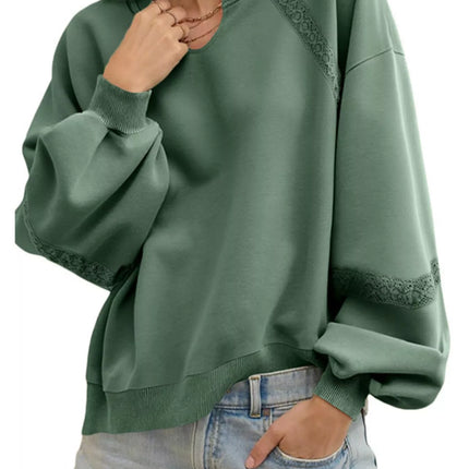 Lace Detail Notched Long Sleeve Sweatshirt